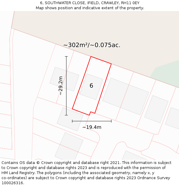 6, SOUTHWATER CLOSE, IFIELD, CRAWLEY, RH11 0EY: Plot and title map