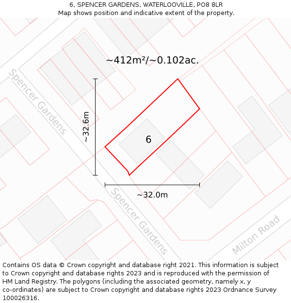 6, SPENCER GARDENS, WATERLOOVILLE, PO8 8LR: Plot and title map