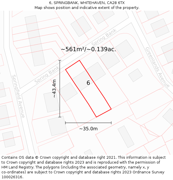 6, SPRINGBANK, WHITEHAVEN, CA28 6TX: Plot and title map