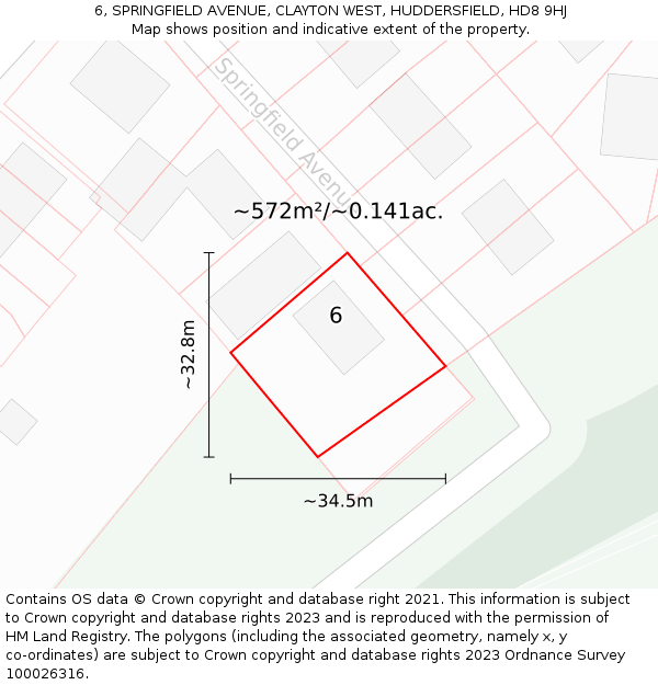 6, SPRINGFIELD AVENUE, CLAYTON WEST, HUDDERSFIELD, HD8 9HJ: Plot and title map