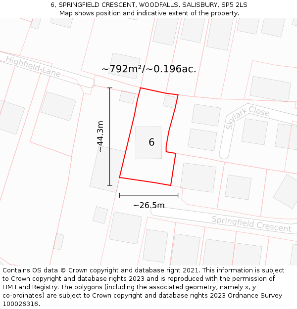 6, SPRINGFIELD CRESCENT, WOODFALLS, SALISBURY, SP5 2LS: Plot and title map