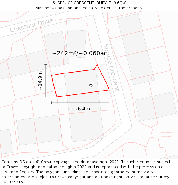 6, SPRUCE CRESCENT, BURY, BL9 6QW: Plot and title map