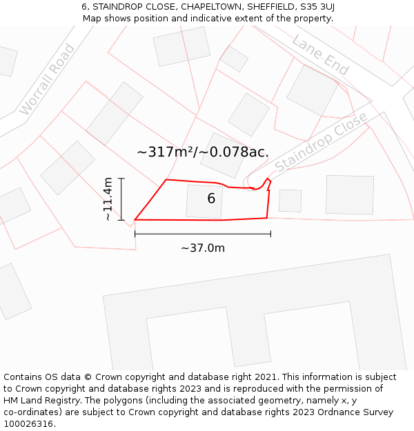 6, STAINDROP CLOSE, CHAPELTOWN, SHEFFIELD, S35 3UJ: Plot and title map