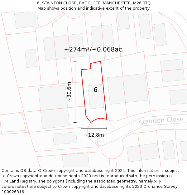 6, STAINTON CLOSE, RADCLIFFE, MANCHESTER, M26 3TQ: Plot and title map