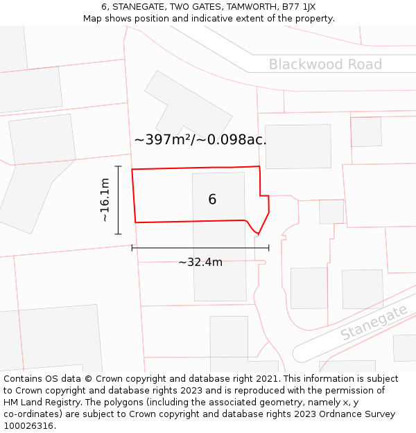 6, STANEGATE, TWO GATES, TAMWORTH, B77 1JX: Plot and title map
