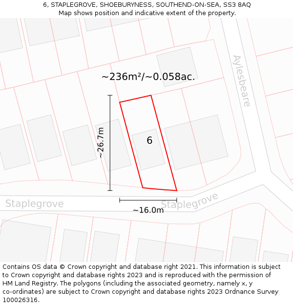 6, STAPLEGROVE, SHOEBURYNESS, SOUTHEND-ON-SEA, SS3 8AQ: Plot and title map