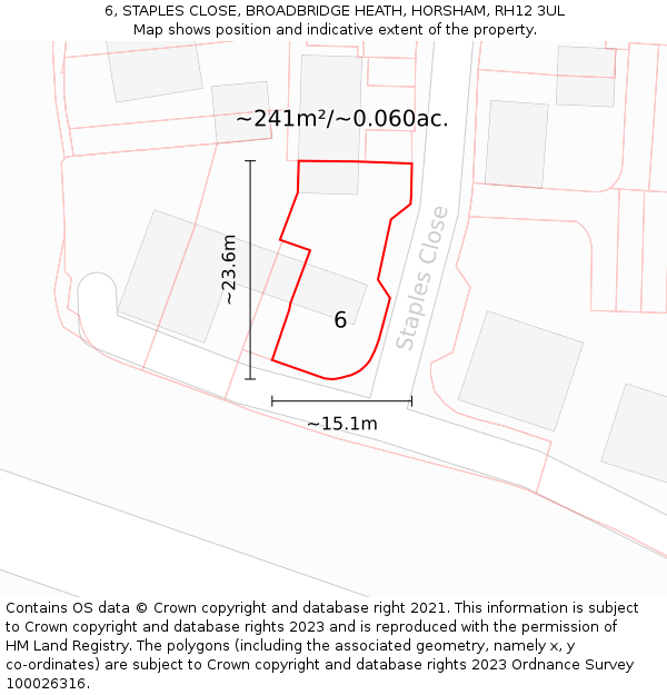 6, STAPLES CLOSE, BROADBRIDGE HEATH, HORSHAM, RH12 3UL: Plot and title map