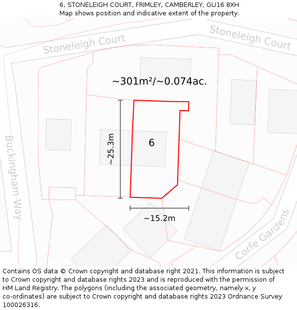 6, STONELEIGH COURT, FRIMLEY, CAMBERLEY, GU16 8XH: Plot and title map