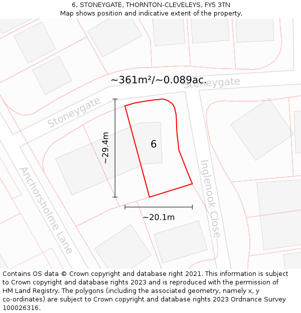 6, STONEYGATE, THORNTON-CLEVELEYS, FY5 3TN: Plot and title map