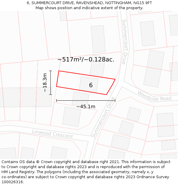 6, SUMMERCOURT DRIVE, RAVENSHEAD, NOTTINGHAM, NG15 9FT: Plot and title map
