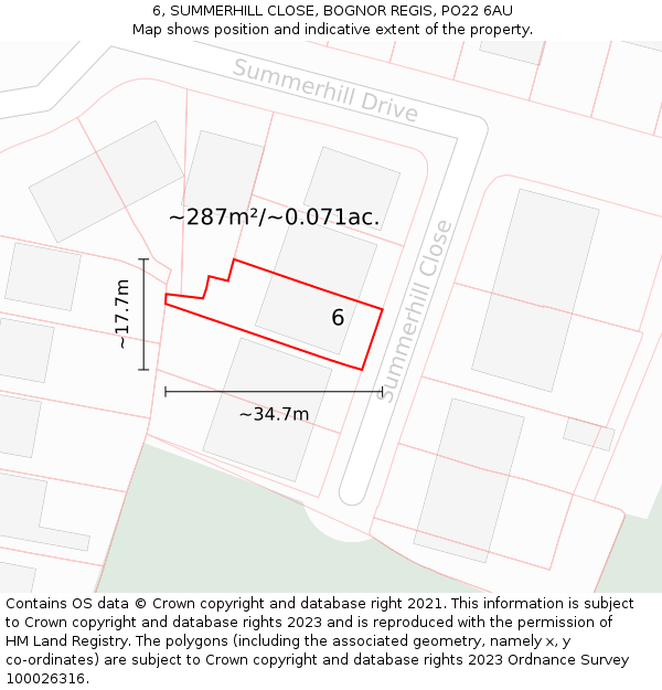 6, SUMMERHILL CLOSE, BOGNOR REGIS, PO22 6AU: Plot and title map