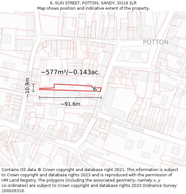 6, SUN STREET, POTTON, SANDY, SG19 2LR: Plot and title map