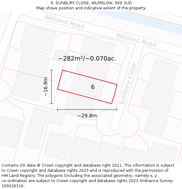6, SUNBURY CLOSE, WILMSLOW, SK9 3UD: Plot and title map