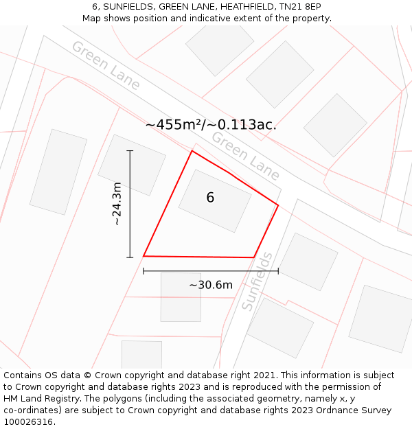 6, SUNFIELDS, GREEN LANE, HEATHFIELD, TN21 8EP: Plot and title map