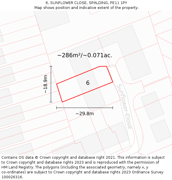 6, SUNFLOWER CLOSE, SPALDING, PE11 1PY: Plot and title map