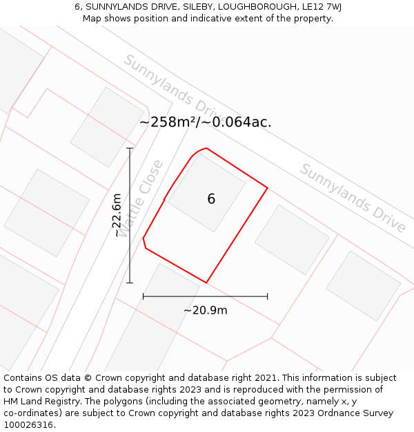 6, SUNNYLANDS DRIVE, SILEBY, LOUGHBOROUGH, LE12 7WJ: Plot and title map