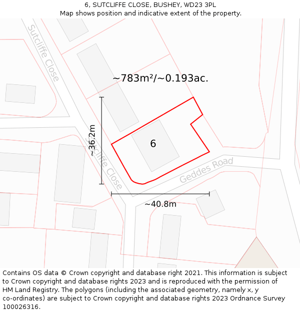 6, SUTCLIFFE CLOSE, BUSHEY, WD23 3PL: Plot and title map
