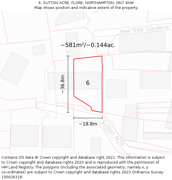 6, SUTTON ACRE, FLORE, NORTHAMPTON, NN7 4NW: Plot and title map