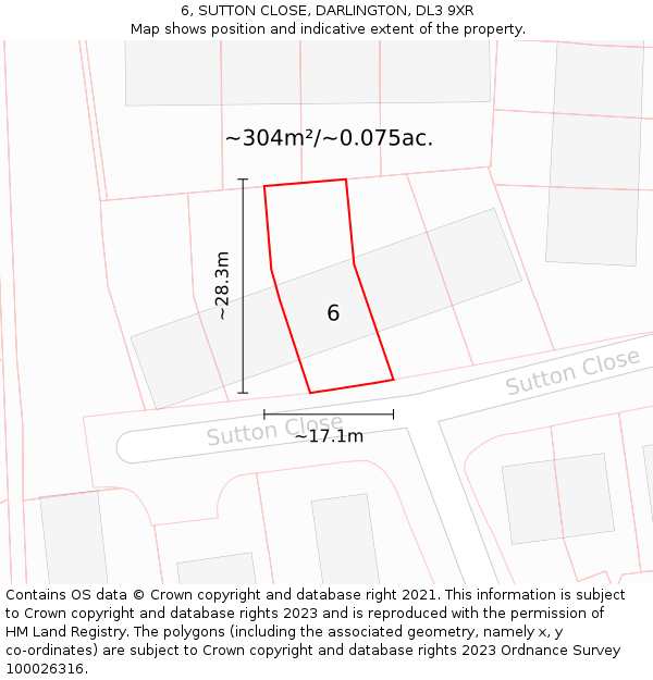 6, SUTTON CLOSE, DARLINGTON, DL3 9XR: Plot and title map