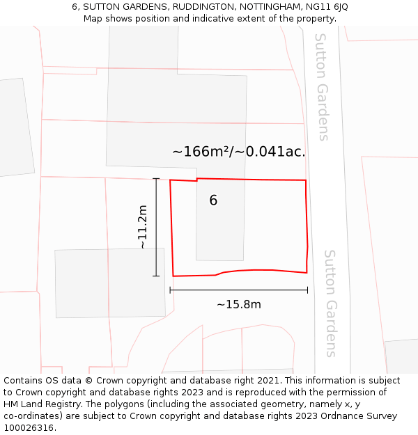 6, SUTTON GARDENS, RUDDINGTON, NOTTINGHAM, NG11 6JQ: Plot and title map