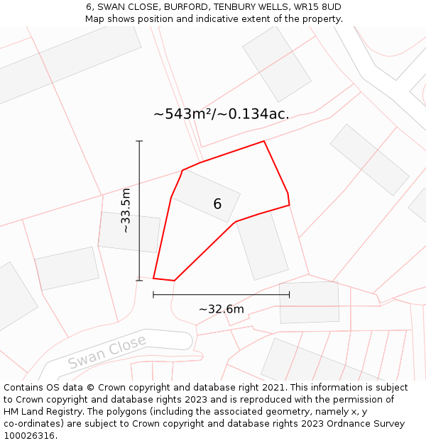 6, SWAN CLOSE, BURFORD, TENBURY WELLS, WR15 8UD: Plot and title map