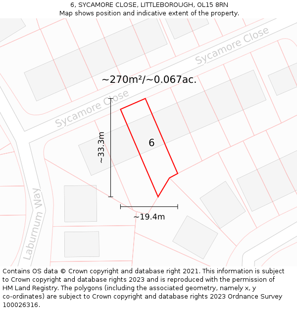 6, SYCAMORE CLOSE, LITTLEBOROUGH, OL15 8RN: Plot and title map