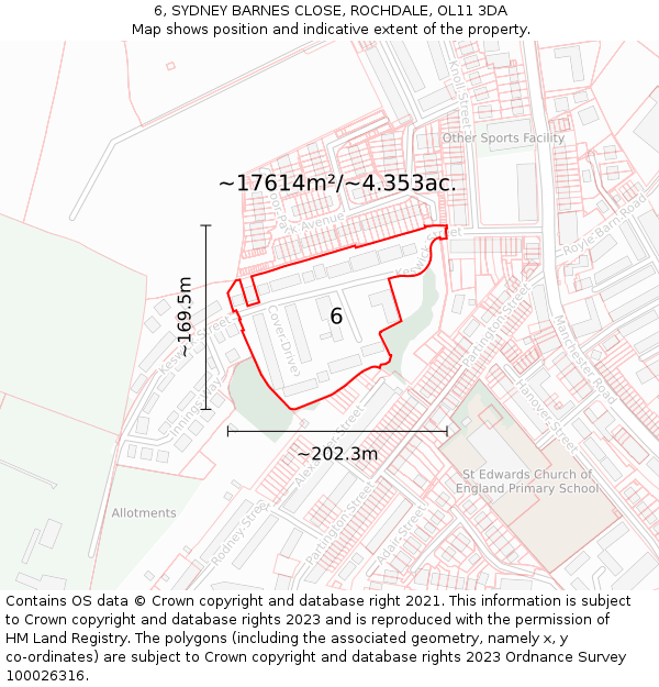 6, SYDNEY BARNES CLOSE, ROCHDALE, OL11 3DA: Plot and title map