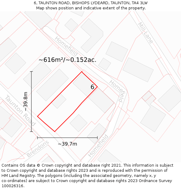 6, TAUNTON ROAD, BISHOPS LYDEARD, TAUNTON, TA4 3LW: Plot and title map