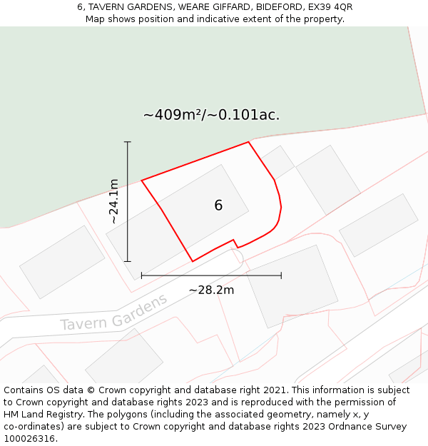 6, TAVERN GARDENS, WEARE GIFFARD, BIDEFORD, EX39 4QR: Plot and title map