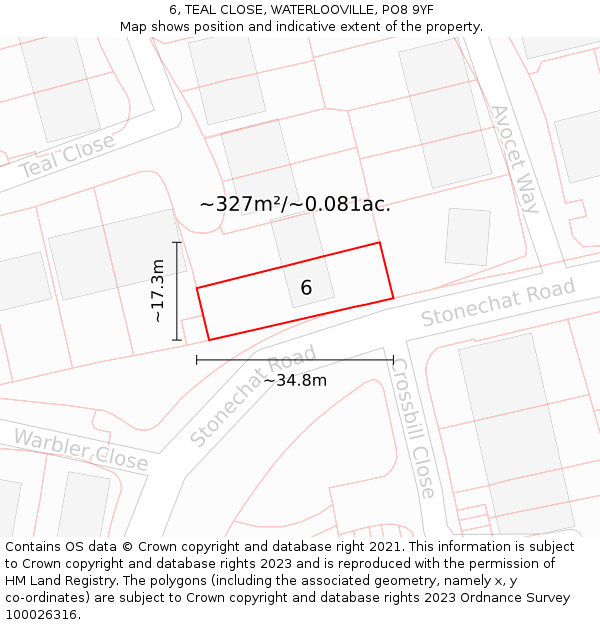 6, TEAL CLOSE, WATERLOOVILLE, PO8 9YF: Plot and title map