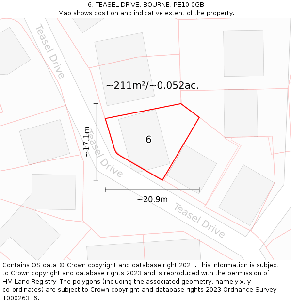 6, TEASEL DRIVE, BOURNE, PE10 0GB: Plot and title map