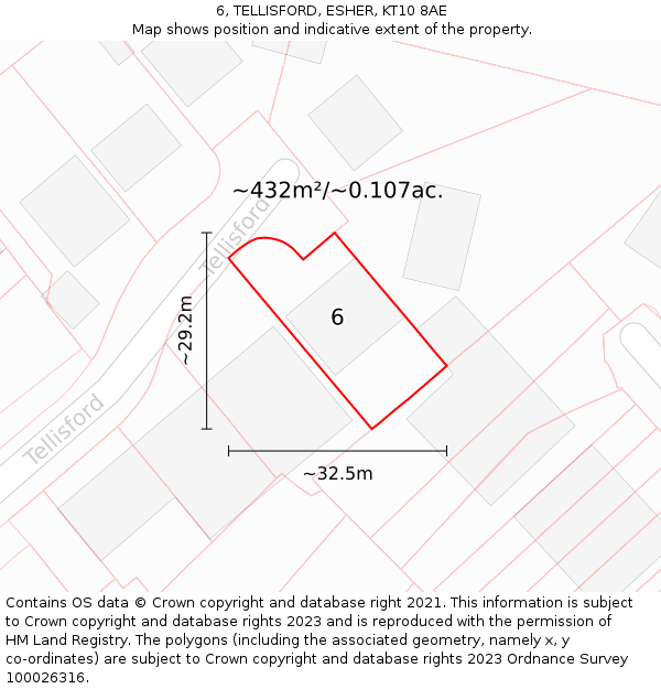 6, TELLISFORD, ESHER, KT10 8AE: Plot and title map