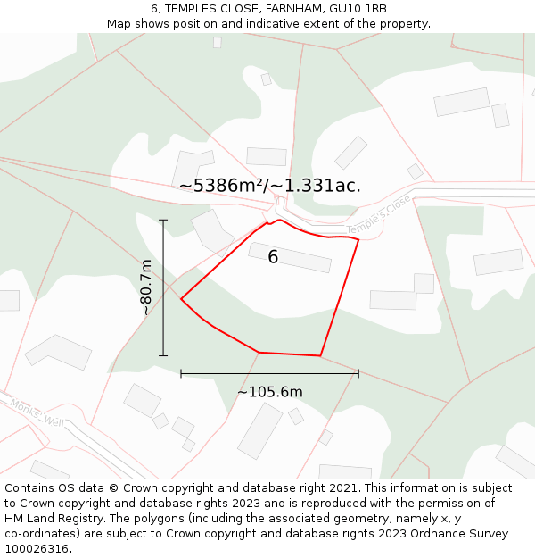 6, TEMPLES CLOSE, FARNHAM, GU10 1RB: Plot and title map