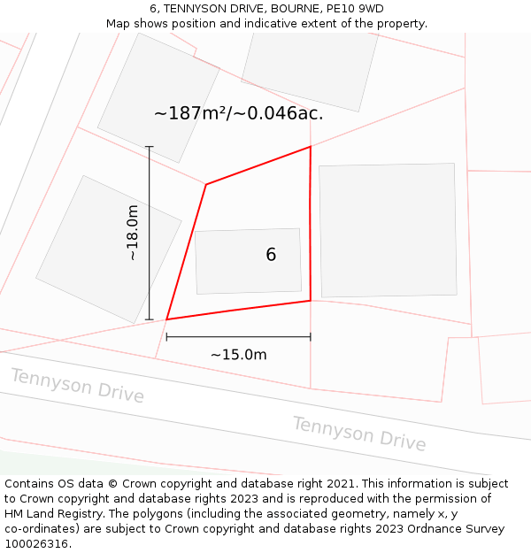 6, TENNYSON DRIVE, BOURNE, PE10 9WD: Plot and title map