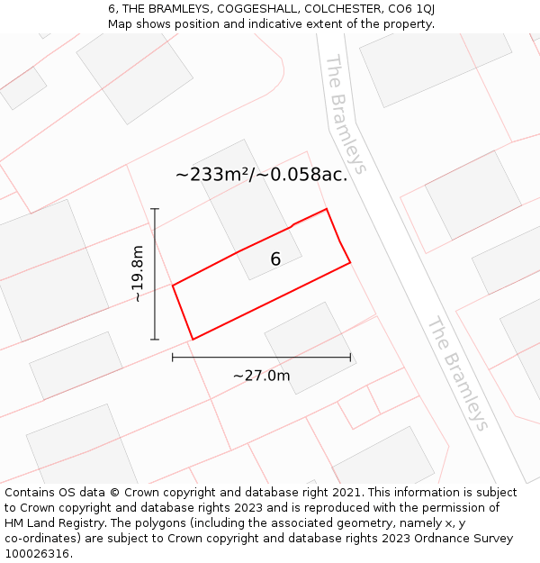 6, THE BRAMLEYS, COGGESHALL, COLCHESTER, CO6 1QJ: Plot and title map