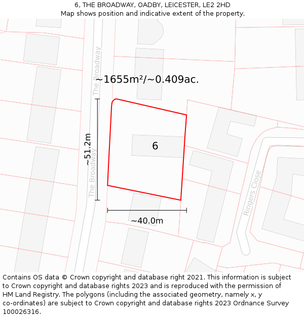 6, THE BROADWAY, OADBY, LEICESTER, LE2 2HD: Plot and title map