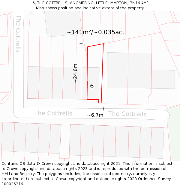 6, THE COTTRELLS, ANGMERING, LITTLEHAMPTON, BN16 4AF: Plot and title map