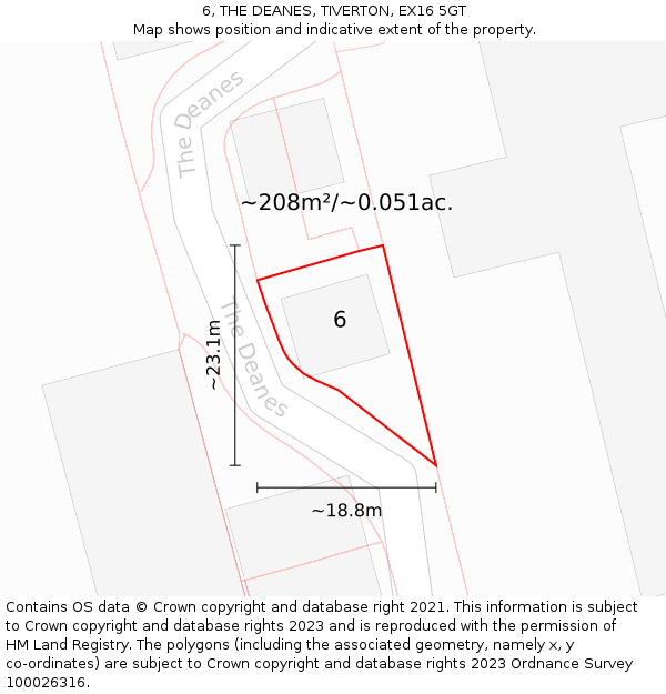 6, THE DEANES, TIVERTON, EX16 5GT: Plot and title map