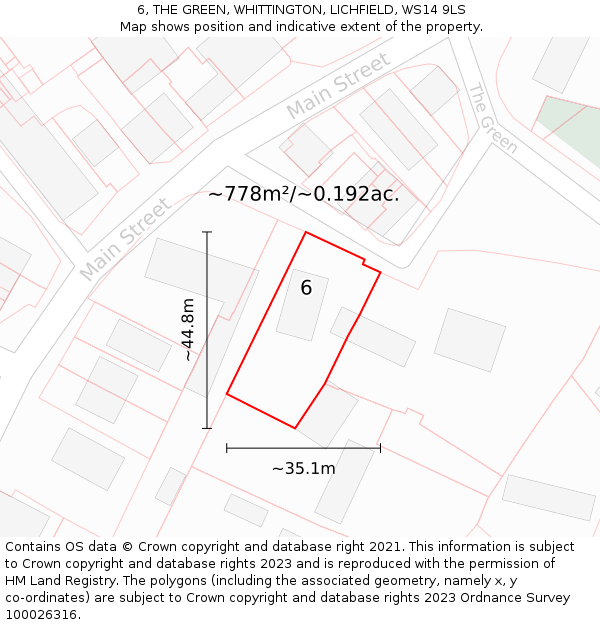 6, THE GREEN, WHITTINGTON, LICHFIELD, WS14 9LS: Plot and title map