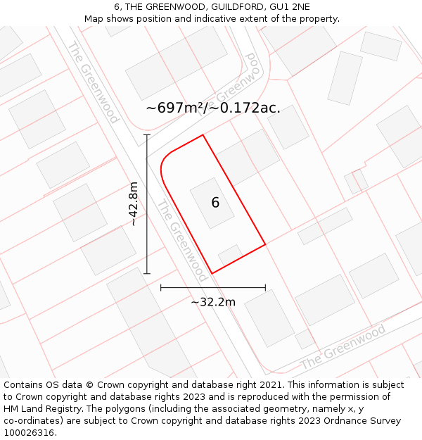 6, THE GREENWOOD, GUILDFORD, GU1 2NE: Plot and title map