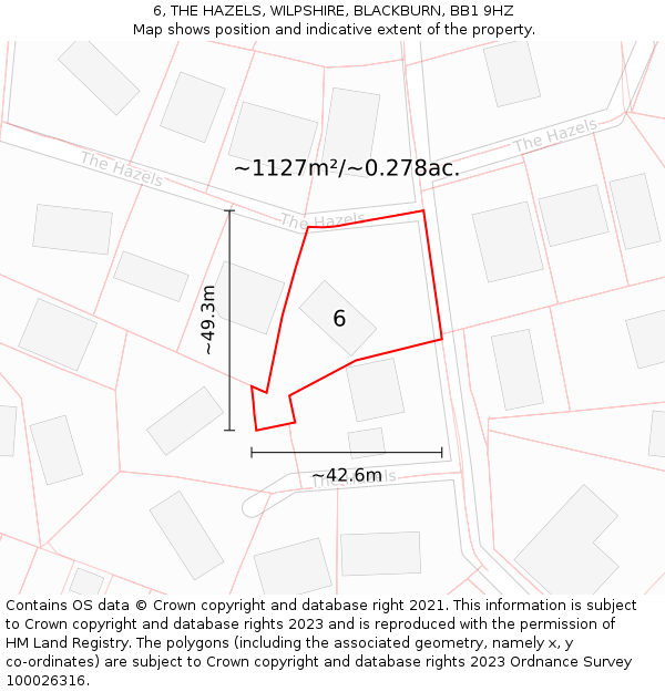 6, THE HAZELS, WILPSHIRE, BLACKBURN, BB1 9HZ: Plot and title map