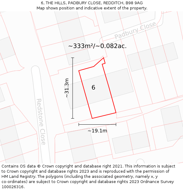 6, THE HILLS, PADBURY CLOSE, REDDITCH, B98 9AG: Plot and title map