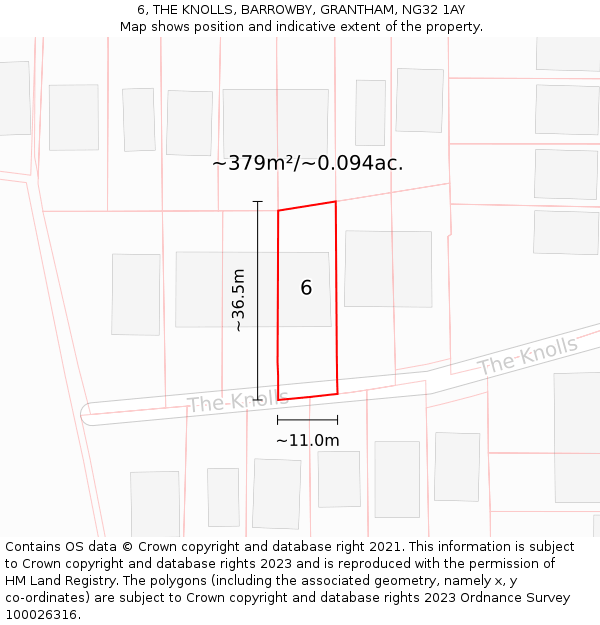 6, THE KNOLLS, BARROWBY, GRANTHAM, NG32 1AY: Plot and title map