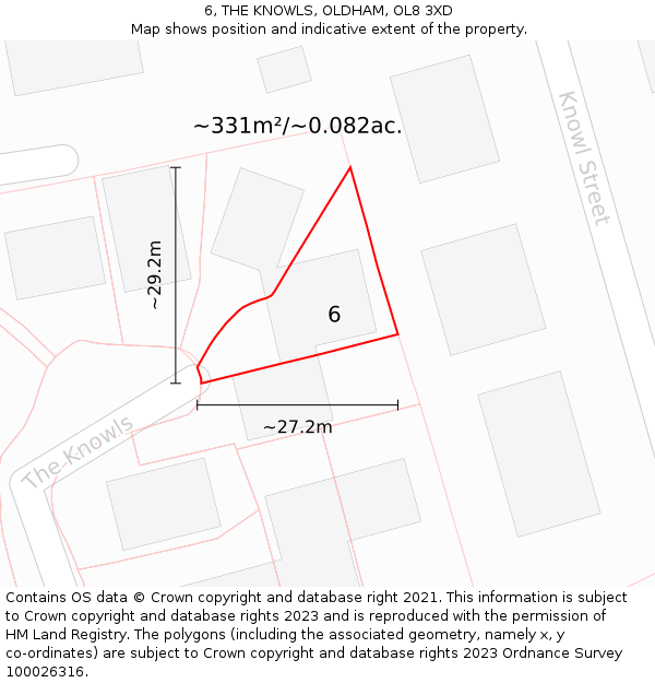 6, THE KNOWLS, OLDHAM, OL8 3XD: Plot and title map