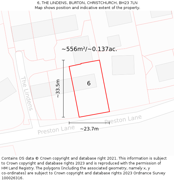 6, THE LINDENS, BURTON, CHRISTCHURCH, BH23 7LN: Plot and title map