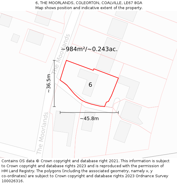 6, THE MOORLANDS, COLEORTON, COALVILLE, LE67 8GA: Plot and title map