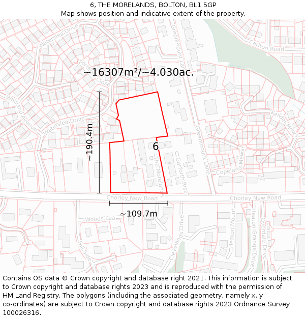 6, THE MORELANDS, BOLTON, BL1 5GP: Plot and title map