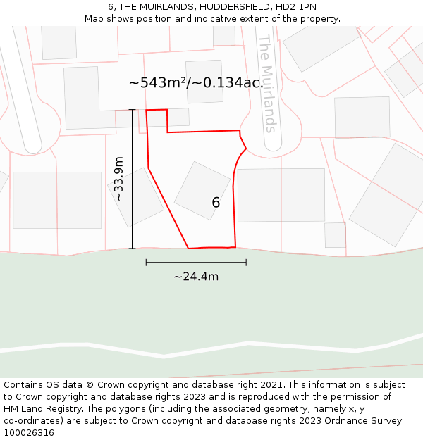 6, THE MUIRLANDS, HUDDERSFIELD, HD2 1PN: Plot and title map