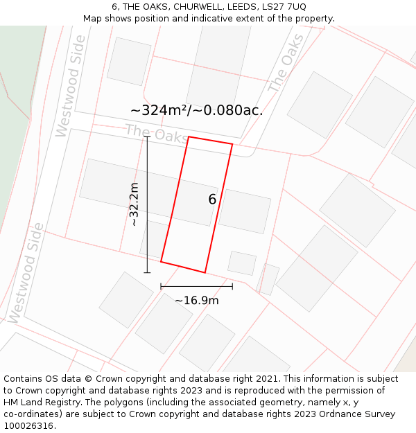 6, THE OAKS, CHURWELL, LEEDS, LS27 7UQ: Plot and title map