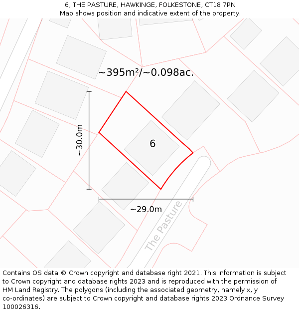 6, THE PASTURE, HAWKINGE, FOLKESTONE, CT18 7PN: Plot and title map